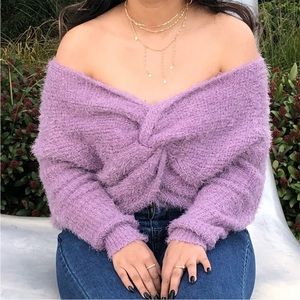 Purple lilac fuzzy off the shoulder sweater top
